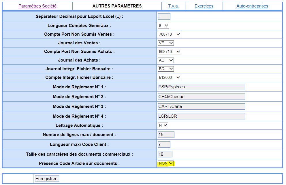 Parametre affichage code article